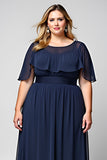 A Line Ruffled Plus Size Long Navy Formal Dress