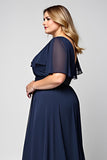 A Line Ruffled Plus Size Long Navy Formal Dress