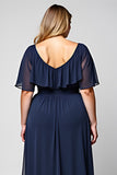 A Line Ruffled Plus Size Long Navy Formal Dress