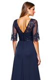 A Line V-Neck Lace Navy Formal Dress With Beading