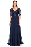 A Line V-Neck Lace Navy Formal Dress With Beading