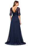 A Line V-Neck Lace Navy Formal Dress With Beading