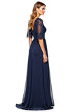 A Line V-Neck Lace Navy Formal Dress With Beading