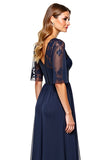 A Line V-Neck Lace Navy Formal Dress With Beading