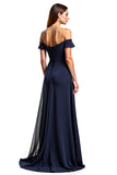 Off The Shoulder Navy A Line Long Formal Dress