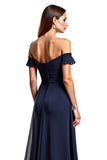 Off The Shoulder Navy A Line Long Formal Dress