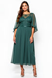 Dark Green Plus Size Lace Tea Length Formal Dress