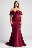 Off The Shoulder Mermaid Burgundy Plus Size Formal Dress With Beading