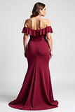 Off The Shoulder Mermaid Burgundy Plus Size Formal Dress With Beading