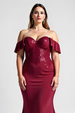 Off The Shoulder Mermaid Burgundy Plus Size Formal Dress With Beading