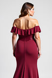 Off The Shoulder Mermaid Burgundy Plus Size Formal Dress With Beading