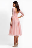 Blush Pink A Line Midi Formal Dress With Lace