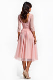 Blush Pink A Line Midi Formal Dress With Lace