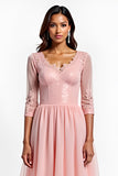 Blush Pink A Line Midi Formal Dress With Lace