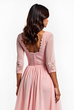 Blush Pink A Line Midi Formal Dress With Lace