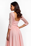 Blush Pink A Line Midi Formal Dress With Lace