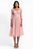 Blush Pink A Line Midi Formal Dress With Lace