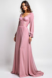 Pink Long Sleeve A Line Formal Dress With Lace