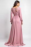 Pink Long Sleeve A Line Formal Dress With Lace