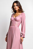 Pink Long Sleeve A Line Formal Dress With Lace