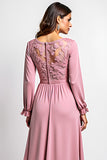 Pink Long Sleeve A Line Formal Dress With Lace