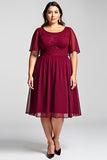 A Line Round Neck Lace Plus Size Midi Burgundy Formal Dress