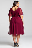 A Line Round Neck Lace Plus Size Midi Burgundy Formal Dress