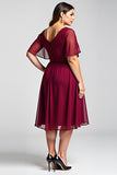 A Line Round Neck Lace Plus Size Midi Burgundy Formal Dress