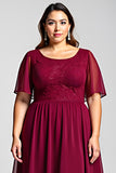 A Line Round Neck Lace Plus Size Midi Burgundy Formal Dress