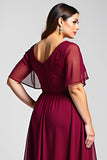 A Line Round Neck Lace Plus Size Midi Burgundy Formal Dress