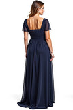 Navy A Line Ruched Long Formal Dress