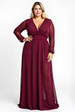 V-Neck Burgundy A Line Plus Size Long Sleeve Formal Dress