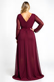 V-Neck Burgundy A Line Plus Size Long Sleeve Formal Dress