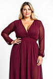 V-Neck Burgundy A Line Plus Size Long Sleeve Formal Dress