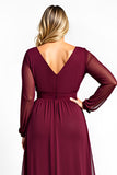 V-Neck Burgundy A Line Plus Size Long Sleeve Formal Dress