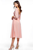 A Line Round Neck Midi Blush Pink Formal Dress With Lace