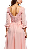 A Line Round Neck Midi Blush Pink Formal Dress With Lace