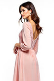 A Line Round Neck Midi Blush Pink Formal Dress With Lace