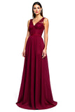 Burgundy V-Neck Long Formal Dress With Lace