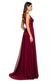 Burgundy V-Neck Long Formal Dress With Lace