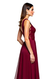 Burgundy V-Neck Long Formal Dress With Lace