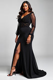 Black Long Sleeve Mermaid Plus Size Lace Formal Dress With Slit