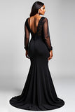 Black Long Sleeve Mermaid Plus Size Lace Formal Dress With Slit