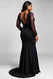 Black Long Sleeve Mermaid Plus Size Lace Formal Dress With Slit