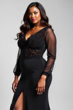 Black Long Sleeve Mermaid Plus Size Lace Formal Dress With Slit