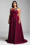 One Shoulder Burgundy A Line Plus Size Formal Dress With 3D Flowers