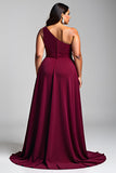 One Shoulder Burgundy A Line Plus Size Formal Dress With 3D Flowers