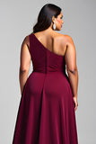 One Shoulder Burgundy A Line Plus Size Formal Dress With 3D Flowers