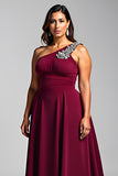 One Shoulder Burgundy A Line Plus Size Formal Dress With 3D Flowers