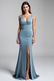 Dusty Blue Mermaid V-Neck Ruched Long Formal Dress With Slit